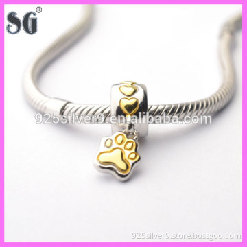 Authentic 925 Sterling Silver Loving Heart charm bead with gold Cat's paw Fits European style Bracelet Snake Chain